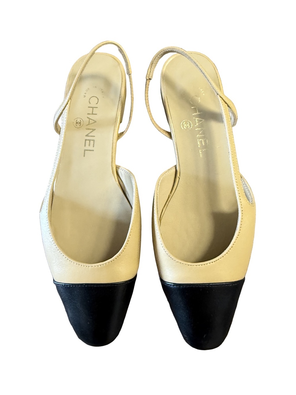 CHANEL Beige Leather Slingback Flats with Black Cap Toe